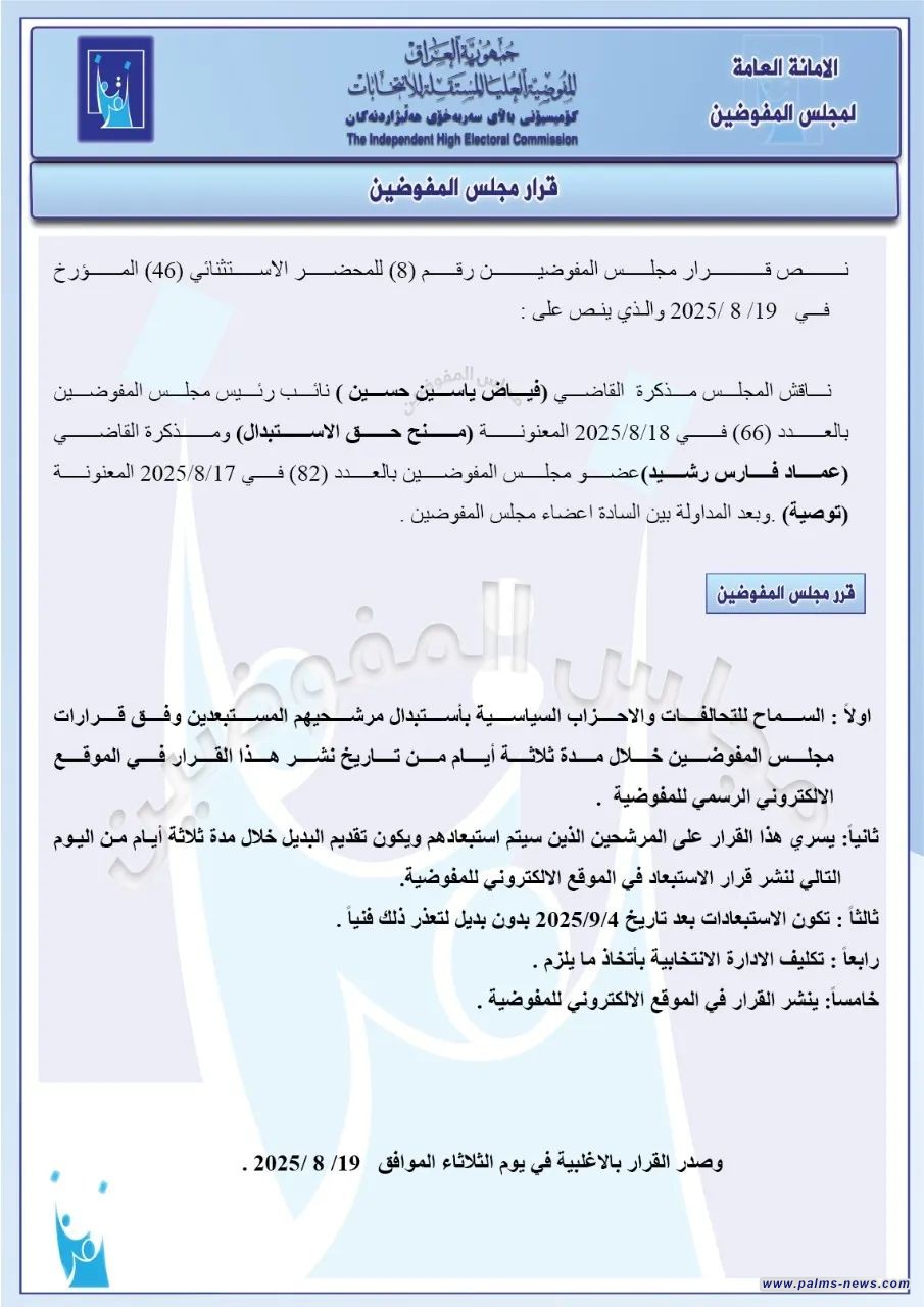 المفوضية تقرر السماح للتحالفات والأحزاب السياسية باستبدال مرشحيها المستبعدين بمرشحين جدد.